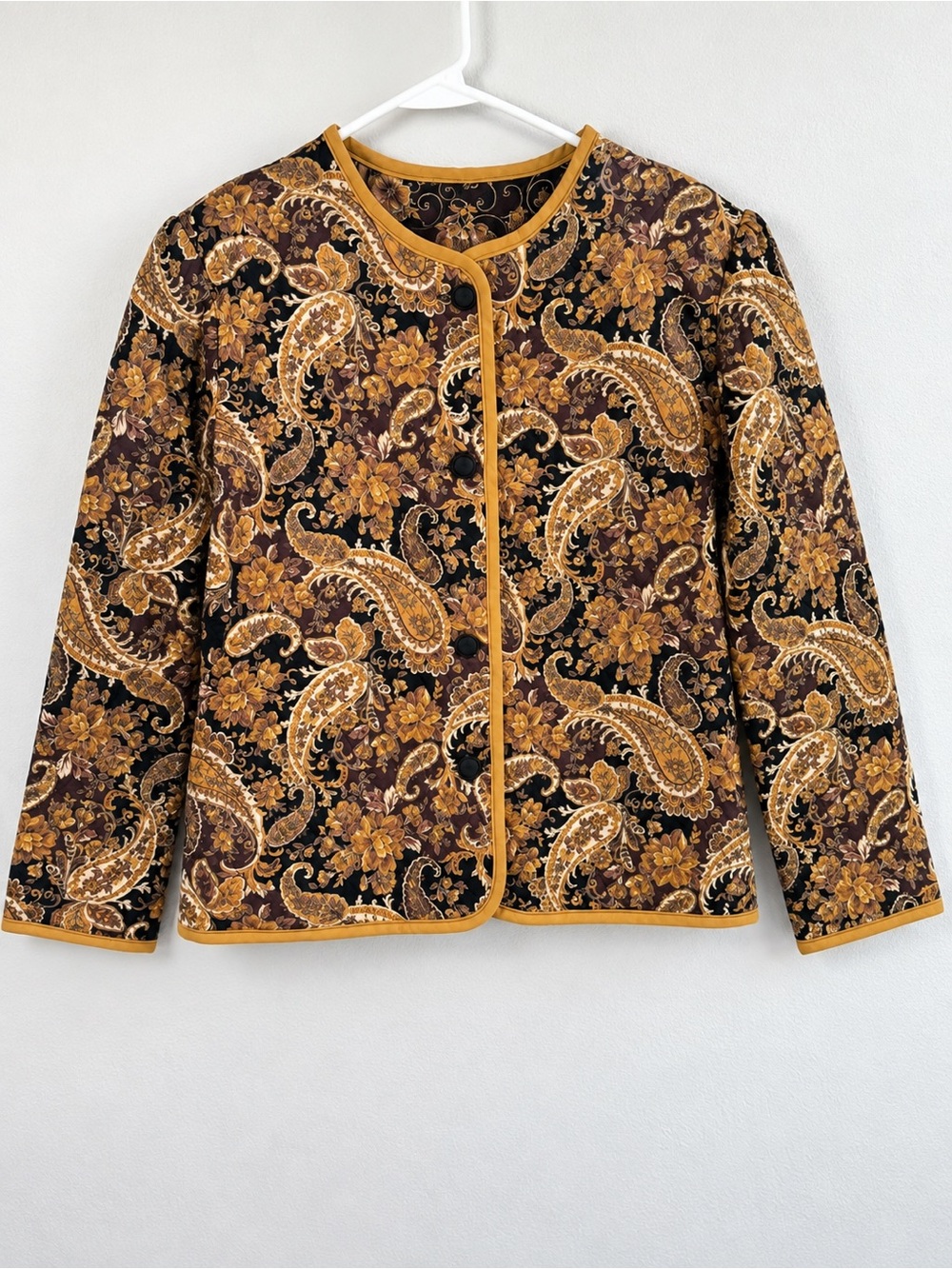Paisley Floral Quilted Jacket Gold Brown Black Button Front - Picture 2 of 9